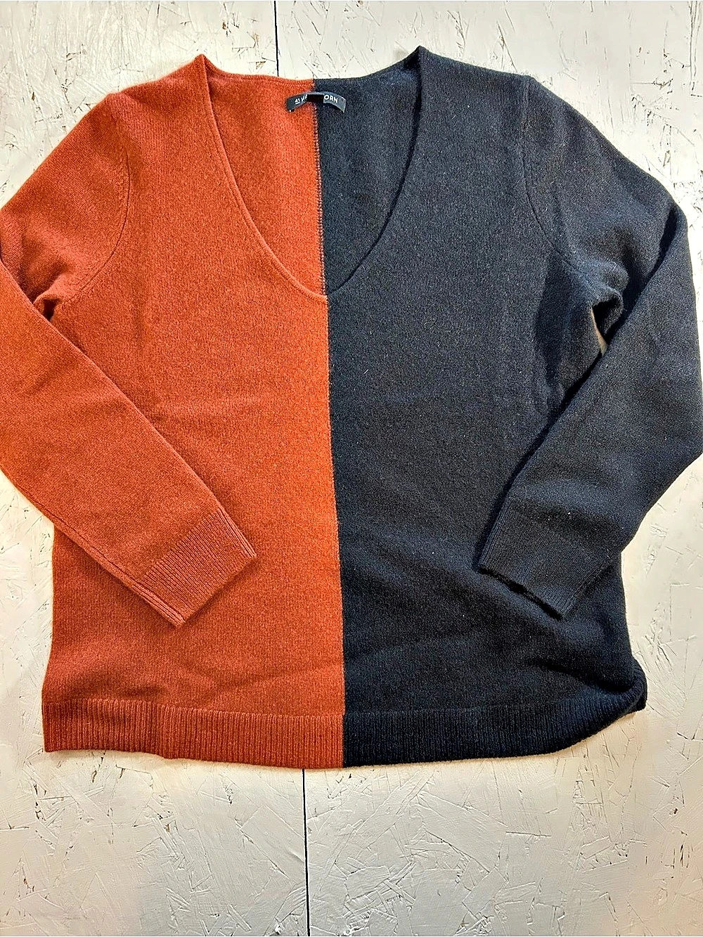 41 Hawthorn Cashmere Color Block V-Neck Sweater in Black & Orange